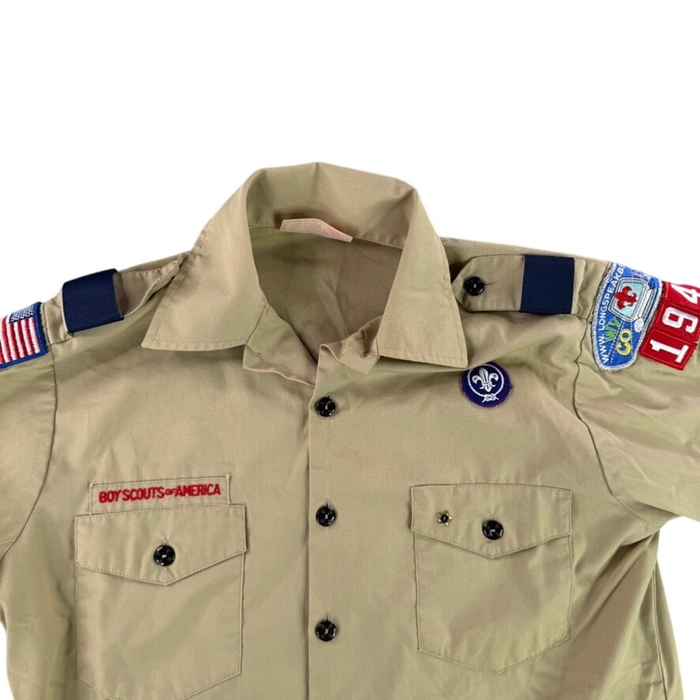 Vintage BSA Boy Scouts Shirt Mens Medium Tan Short Sleeve Patched Made In USA
